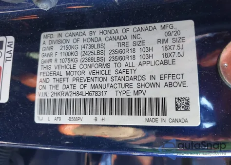 2020 Honda Cr-V Awd Ex-L from USA, damaged, VIN 2HKRW2H84LH678317